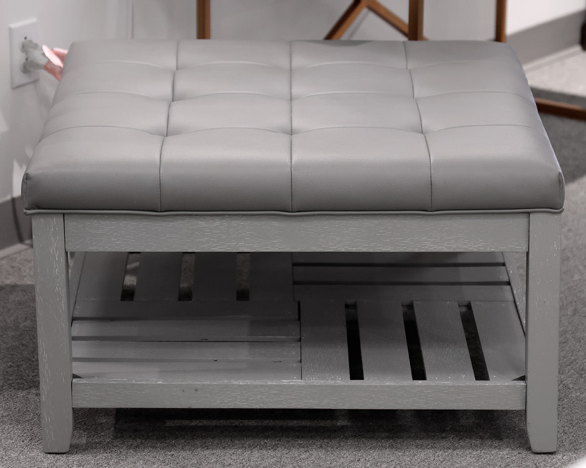 Gray Vegan Leather Tufted Square Ottoman