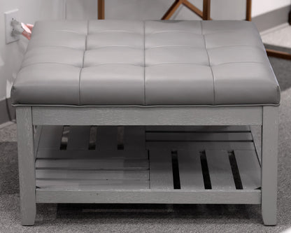 Gray Vegan Leather Tufted Square Ottoman