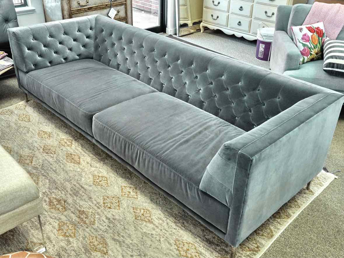 CB2 Tufted 104" Sofa in Steel Grey Velvet on Chrome Legs