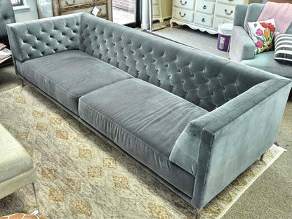 CB2 Tufted 104" Sofa in Steel Grey Velvet on Chrome Legs