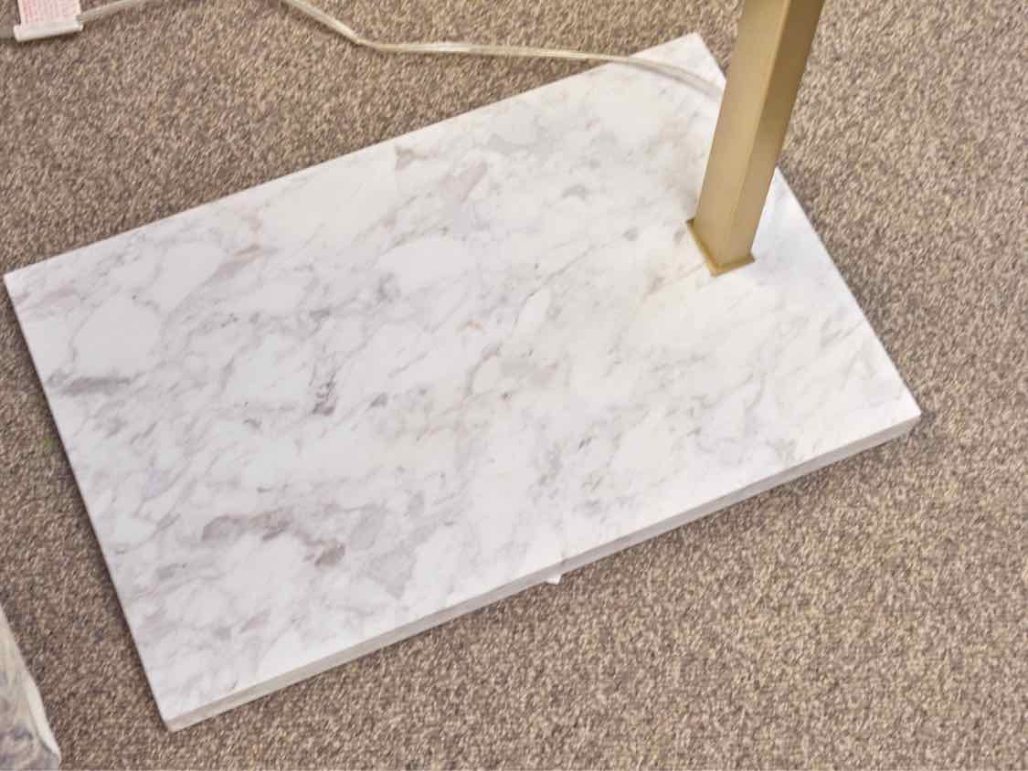 Arch Brass Finish Floor Lamp with White Stone Base and Drum Shade