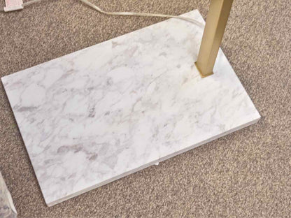 Arch Brass Finish Floor Lamp with White Stone Base and Drum Shade