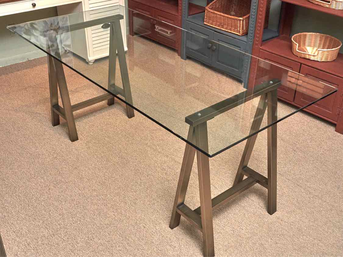 West Elm Glass Top Bronzed Metal Sawhorse Legs  Desk
