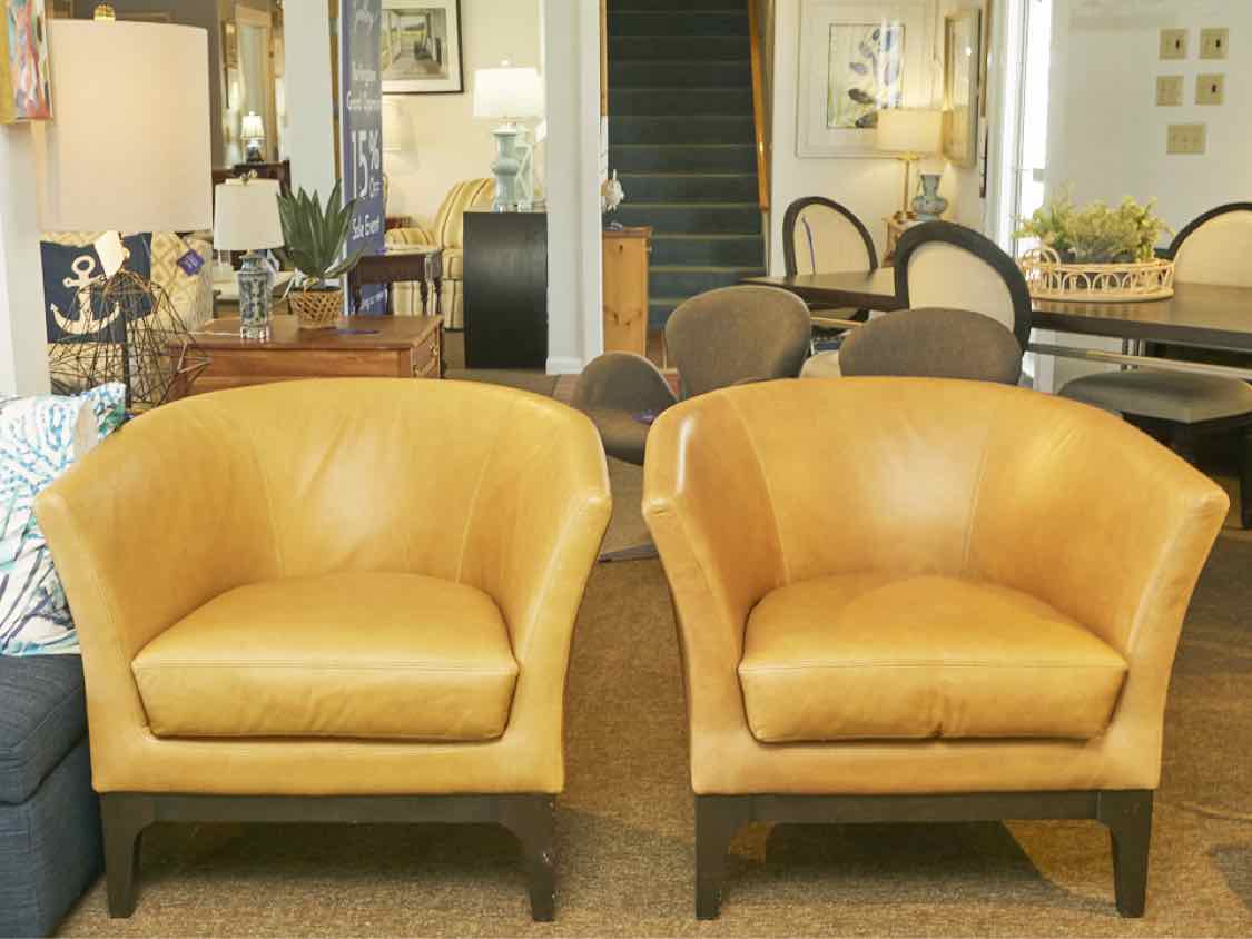 Pair of West Elm Camel Color Leather Barrel  Chairs