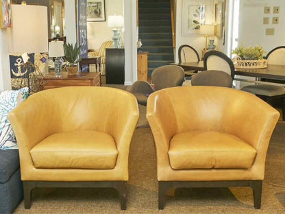 Pair of West Elm Camel Color Leather Barrel  Chairs