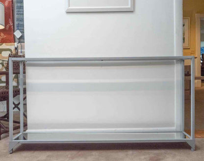Contemporary Grey Metal Console with Glass Top & Mirrored Bottom Shelf