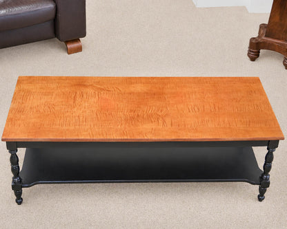 Tiger Maple Top Cocktail Table with Black Finish Spool Leg Base