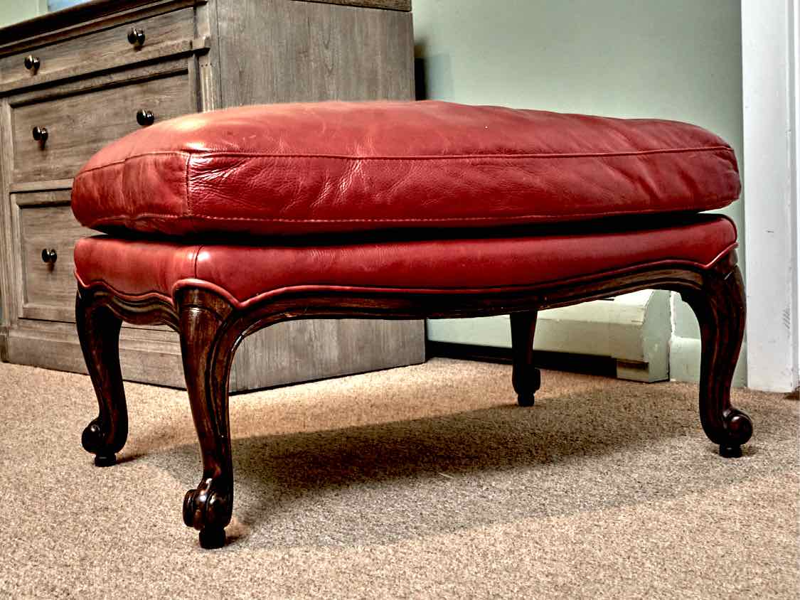Pomegranate Red  Leather Bergere  Style Chair & Matching Ottoman
