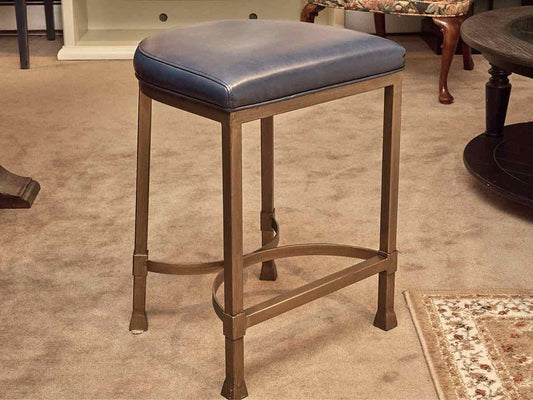 Set Of 3 'Colbalt Blue' Leather Brass Finish Metal Legs Counter Stools