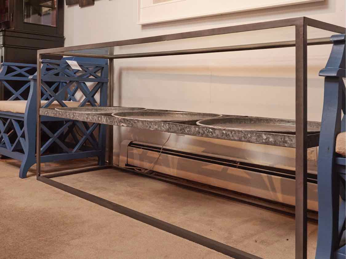 American Home Galvanized Metal Console with Glass Top