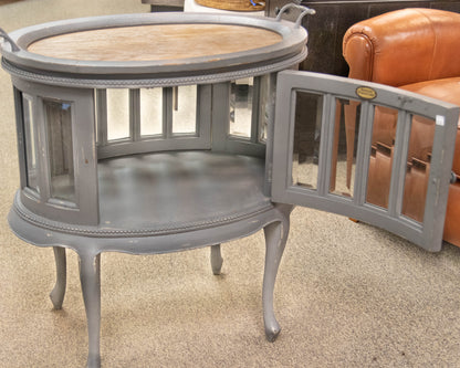 Arhaus Louise Tea Table in Grey Finish with Glass Cabinet and Tray Top