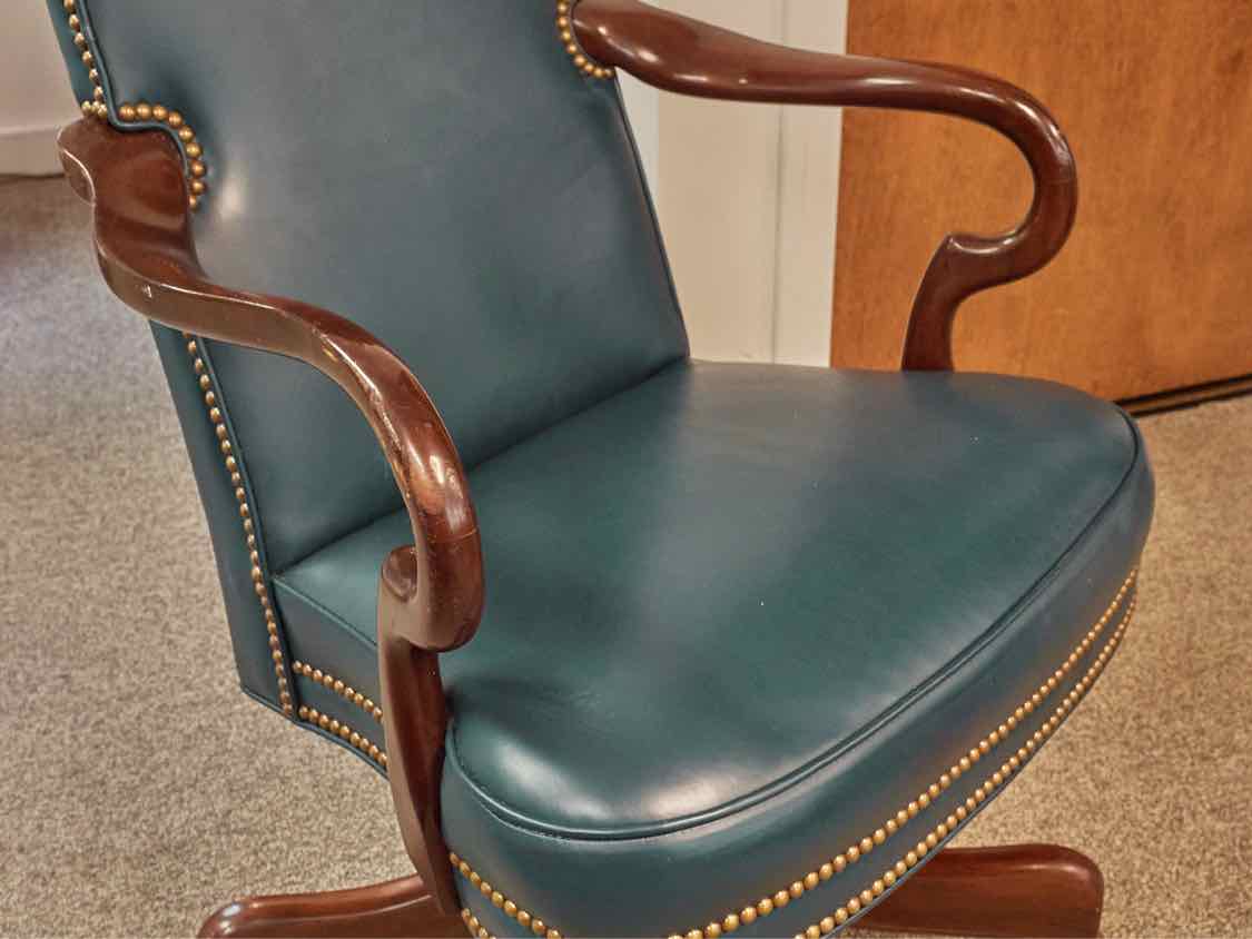 Hancock and Moore Swivel Desk Chairs in Green Leather with Brass Nailheads
