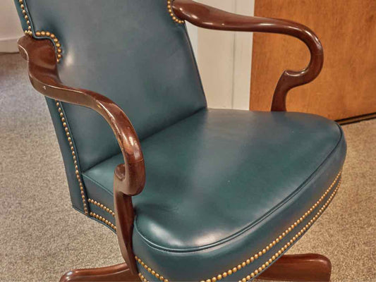 Hancock and Moore Swivel Desk Chairs in Green Leather with Brass Nailheads