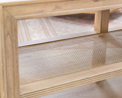 Arhaus Console with Open Shelves in Light Finish Oak and Rattan