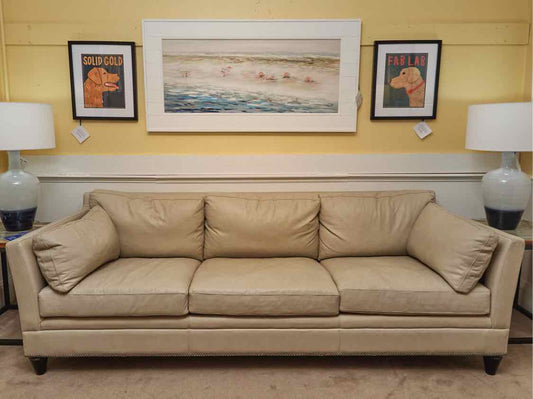 Century Furniture Taupe Leather 3 Cushion  Sofa With Nailhead Trim