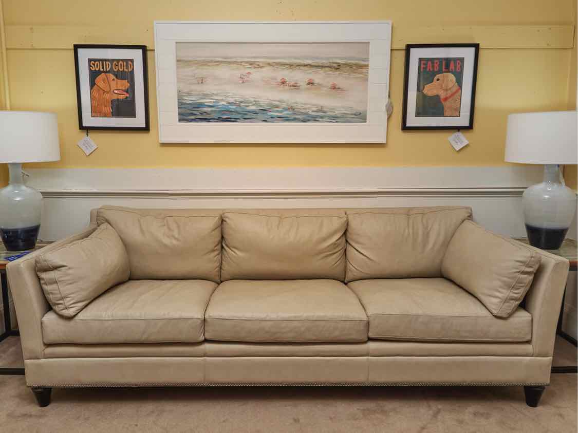 Century Furniture Taupe Leather 3 Cushion  Sofa With Nailhead Trim