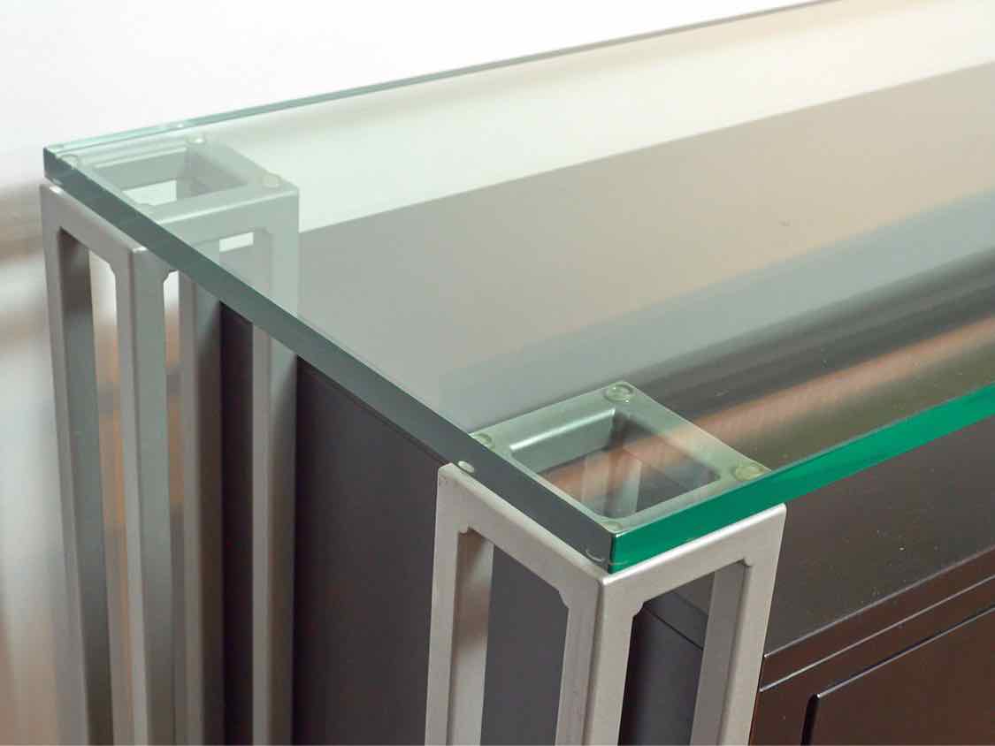Contemporary Glass Top Walnut  Finish Metal Accents  2 Sliding Doors Server