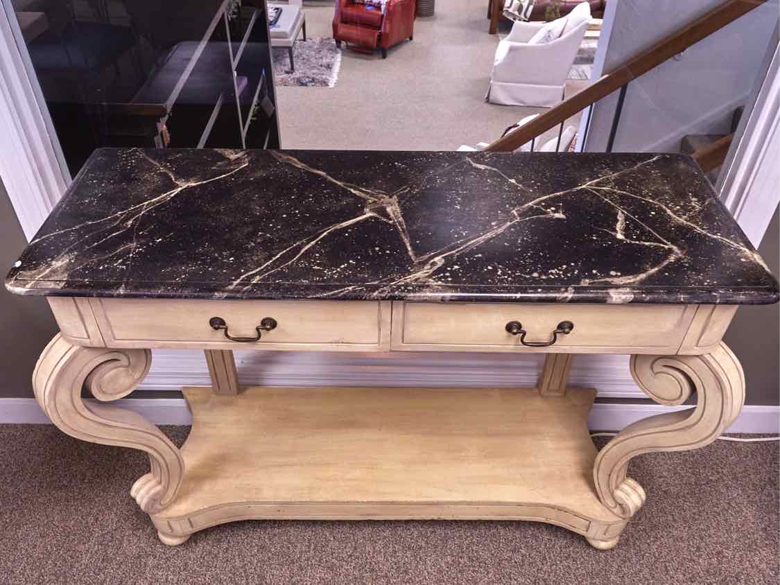 Scrolled Base Console in Antique Yellow with Black Faux Marble Top