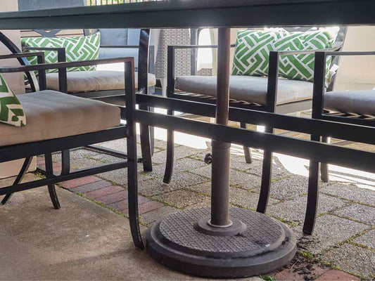 Black Aluminum Outdoor Dining Set with Table & 6 Arm Chairs & Umbrella