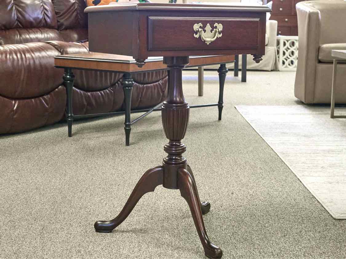 Single Drawer Mahogany Side Table on Pedestal Base