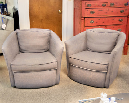 Pair of West Elm Duffield Swivel Chairs in Dusty Blue and Blush Woven Fabric
