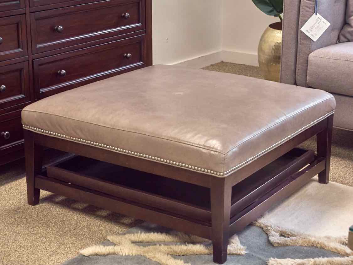 Square Faux Leather Ottoman in Light Gray