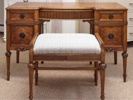 Walnut 4 Darwer Vanity with Burled Wood & Carving With Stool