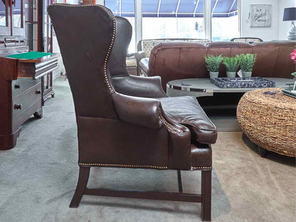 Pair Of Sam Moore 'Walnut Brown' Leather Wing Back Nailhead Trim Chairs