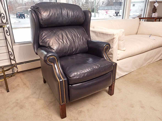 Pair of Hancock and Moore  Navy Blue Leather Bustle Back Reclining Chairs