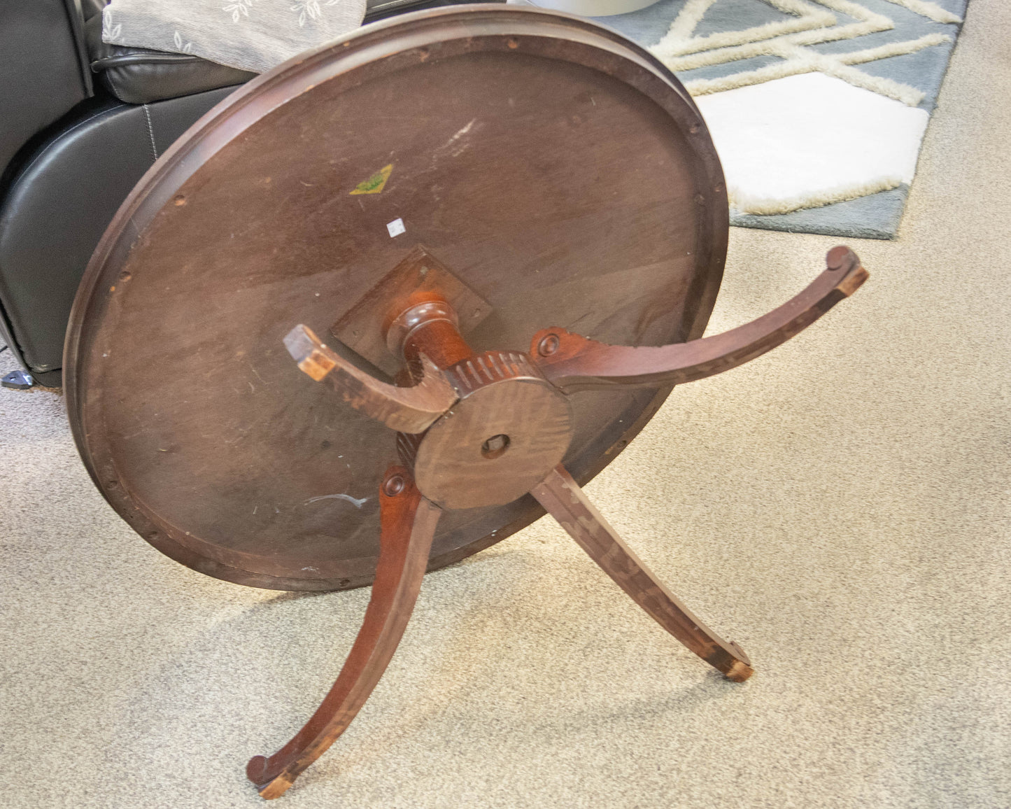 Mahogany Round Cocktail Table on Carved Leg Pedestal  Base