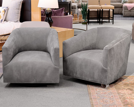 Pair of Restoration Hardware Italian Shelter Arm Suede Swivel Chairs