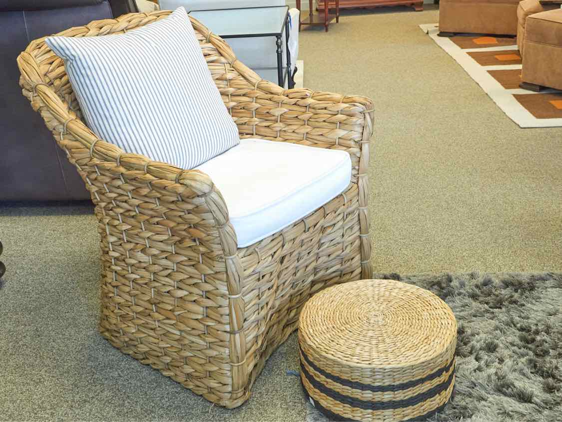 Serena & Lily Rattan Arm Chair with Striped Ottoman