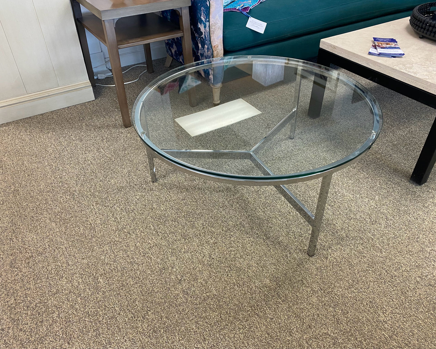 Crate & Barrel Round Chrome Cocktail Table with Glass Top
