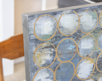Basset  Hand Painted Canvas Grid Of Blues, Grey And  Golden Undertones