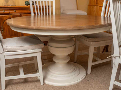 Universal Round  Ash Plank Top Cream Finish Pedestal  Table & 6 Chair Set