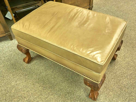 Ethan Allen Taupe Leather Ottoman
