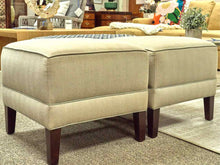 Pair of Ethan Allen Taupe Herringbone Upholstered & Teal Piping  Stools