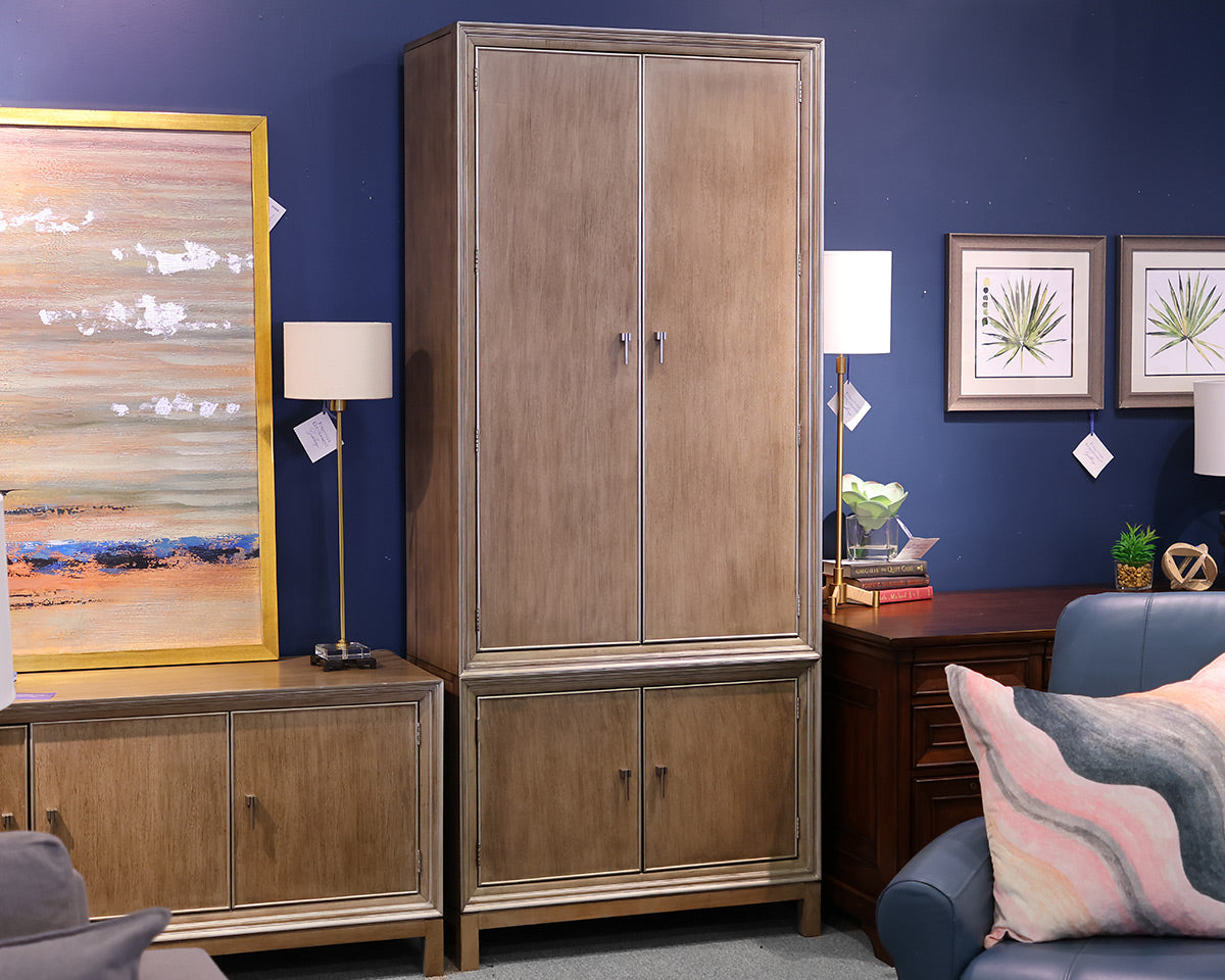 Hickory White Custom Tall Cabinet in Drifted Wood with Silver Trim