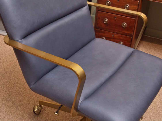 West Elm Blue Leather Office Chair with Gold  Finish on Casters