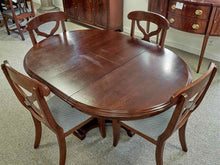 Round Cherry Pedestal Table with Leaf & Set of 4 Chairs with Navy & White Seats