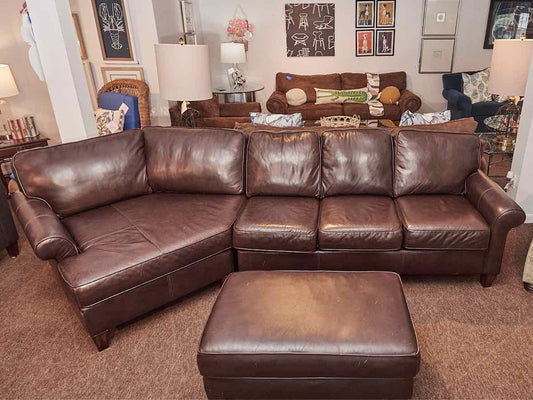 Flexsteel Espresso Brown Bonded Leather Sofa With Cuddle Corner  & Ottoman