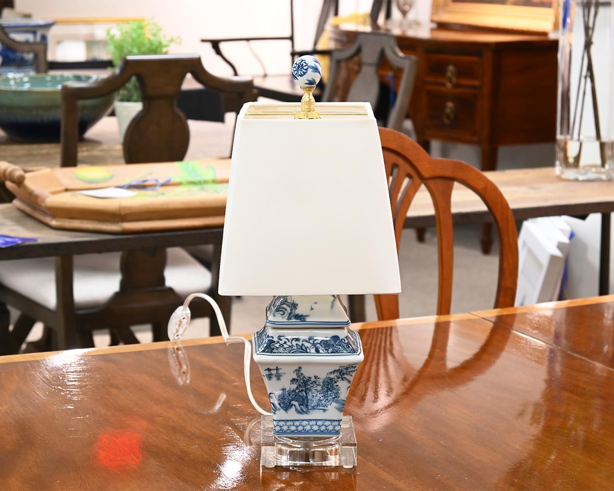 Blue & White Square Table Lamp with Square Cream Hardback Shade