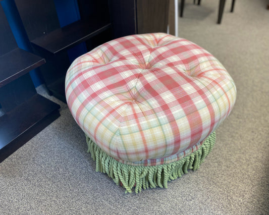 Round Tufted Ottoman with Lime Green Braided Tassels