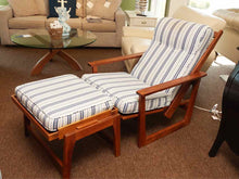 Teak Reclining Chair Blue & Stripe Fabric Includes Tray Ottoman