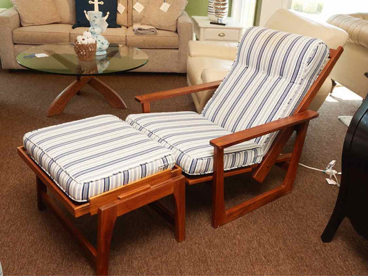 Teak Reclining Chair Blue & Stripe Fabric Includes Tray Ottoman