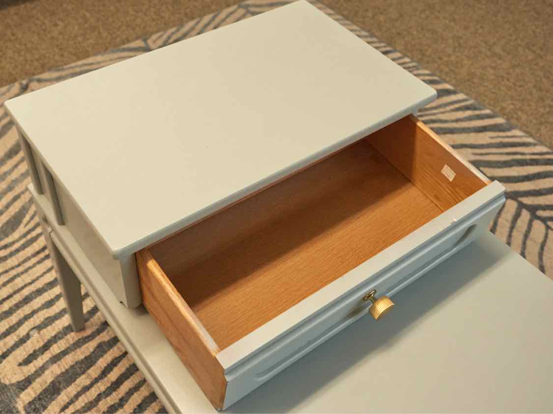 Pair of Mersman Step Side Tables in 'Woodland Flower Blue'