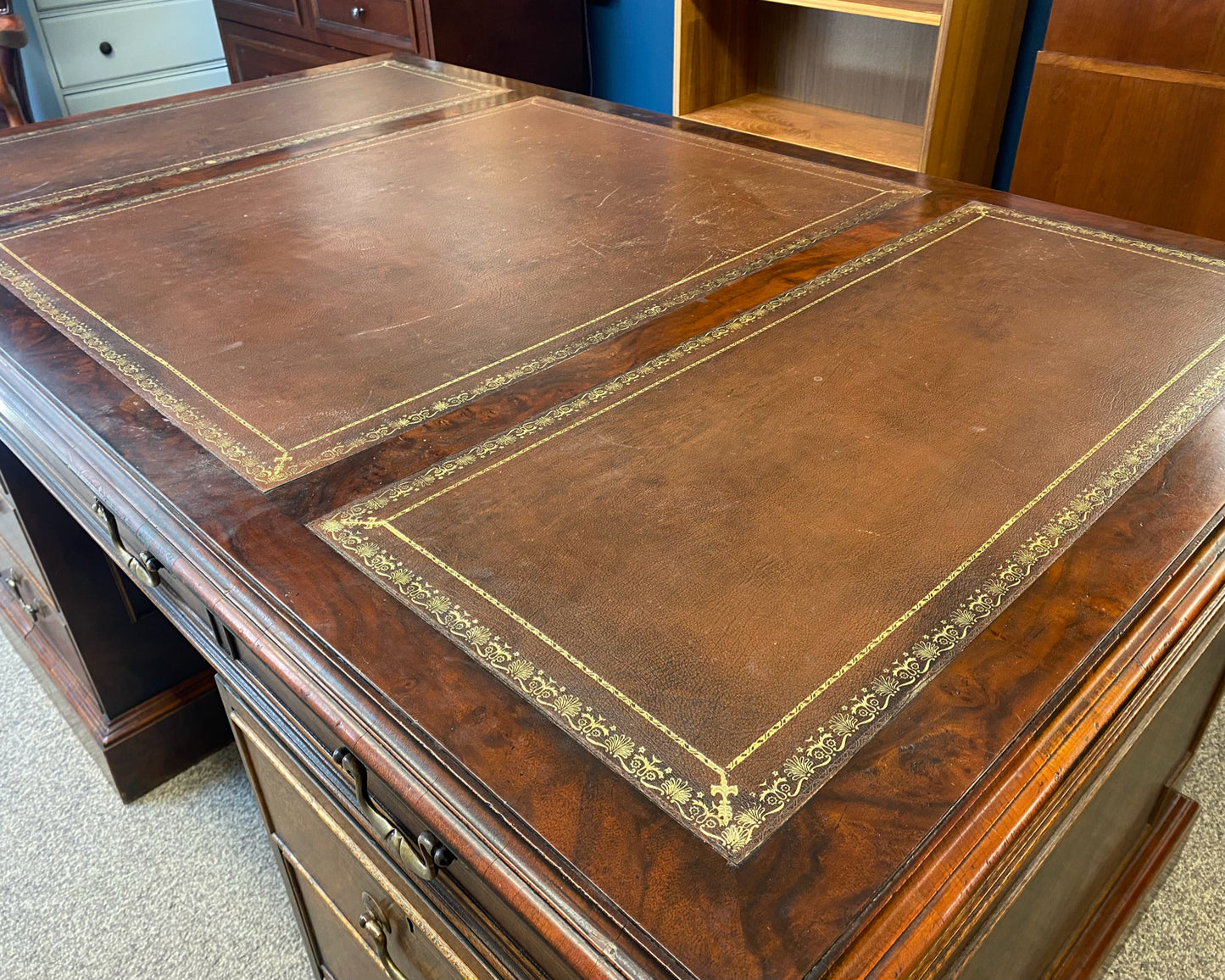 Mahogany Partners Desk with Tooled Brown Leather Top
