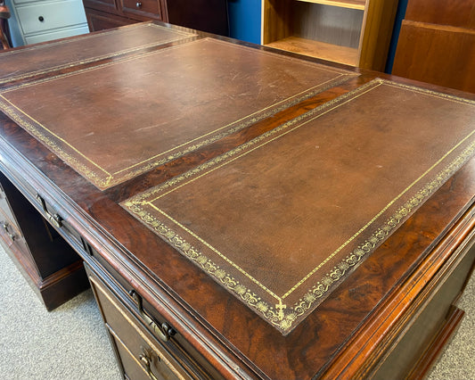Mahogany Partners Desk with Tooled Brown Leather Top