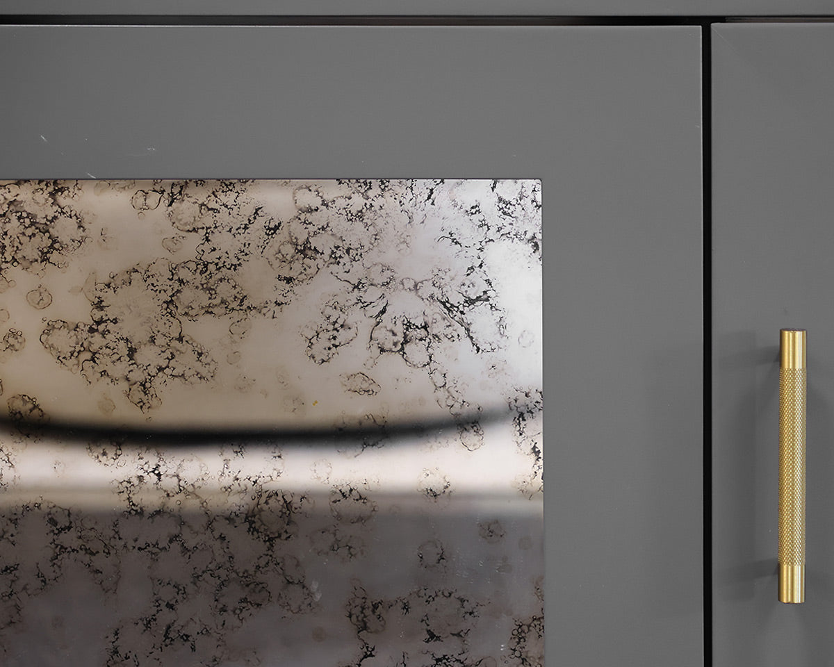 Custom Media Console in Grey Finish with Mirrored Doors & Satin Gold Hardware