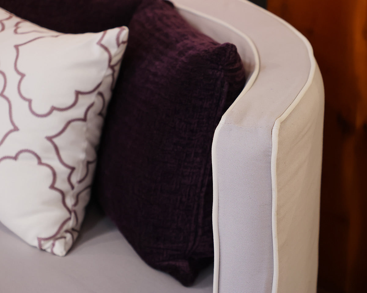 PB Teen Roundabout Pale Lavendar Swivel Chair with White Welt & Toss Pillows